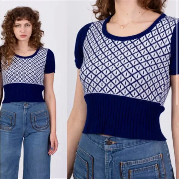 Scotch English Tops - Chic Blue and White Knit Top / Scotch English / Size Small